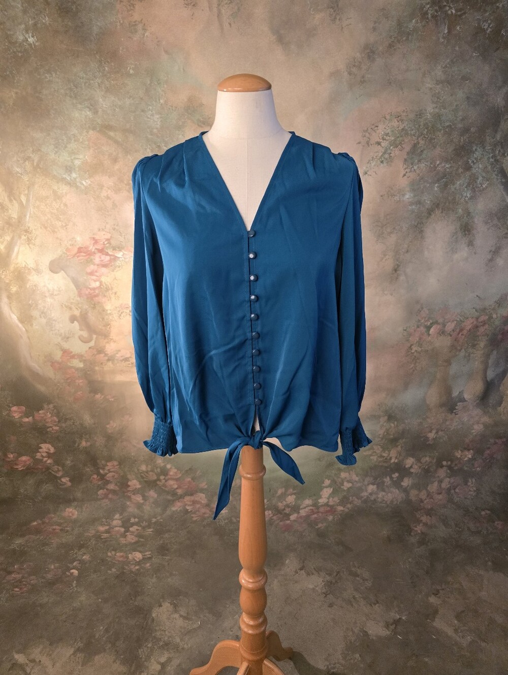 Jade Brand Teal Vneck Button Tie Front Blouse S